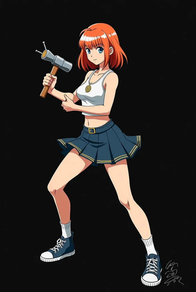 A full body image of an 1 girl named Hana Watanabe, personagem do anime "dragonball z", she is very beautiful, with medium length straight fire-colored hair with two white highlights in the front, framing your face. She has blue-green eyes and pale skin.. ...