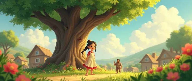  Tree in the background, with its branches subtly growing taller, its leaves becoming greener, and its flowers blooming more vibrantly each time Lily does something kind. Capture the warmth and joy in both Lily’s expression and the villagers as they notice...