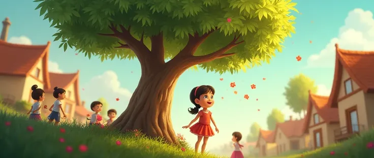  Tree in the background, with its branches subtly growing taller, its leaves becoming greener, and its flowers blooming more vibrantly each time Lily does something kind. Capture the warmth and joy in both Lily’s expression and the villagers as they notice...