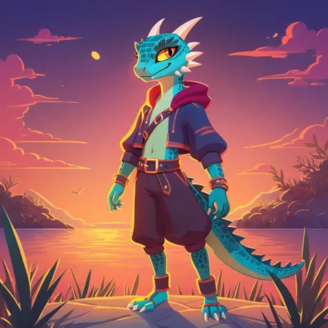 super fluffy argonian in dreamworks art style, evening background