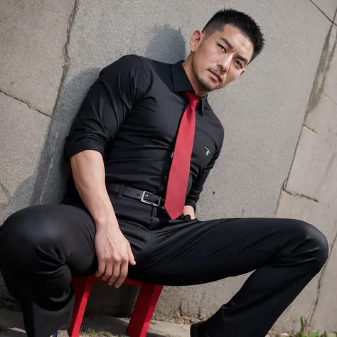 40 years old、One Man、Black Shirt、Red tie、black slim trousers、Mountain hut。Spread your legs、Crouching against a wall、Muscular, ,buzz cut、Stubble、Asian face　Menacing look　The crotch area of my trousers is swollen　View from above　Crotch close-up