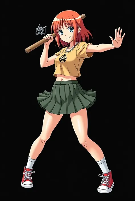 A full body image of an 1 girl named Hana Watanabe, personagem do anime "dragonball z", she is very beautiful, with medium length straight fire-colored hair with two white highlights in the front, framing your face. She has blue-green eyes and pale skin.. ...