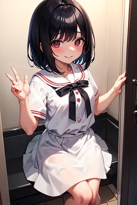 Ghost story, young girl, black hair, bob hair, white blouse, red skirt, school toilet, Hanako, smile, night, fun, cheerful