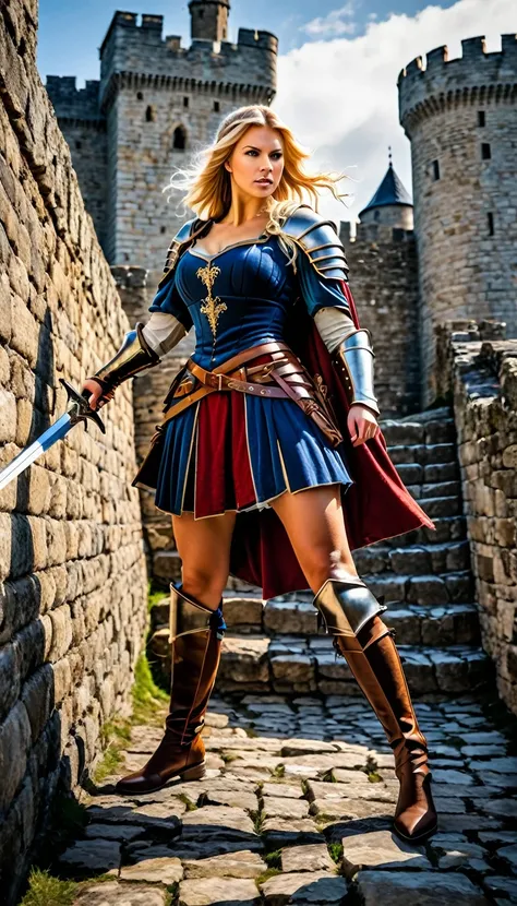 Blond female medieval warrior in the midst of a battle on top a castle wall