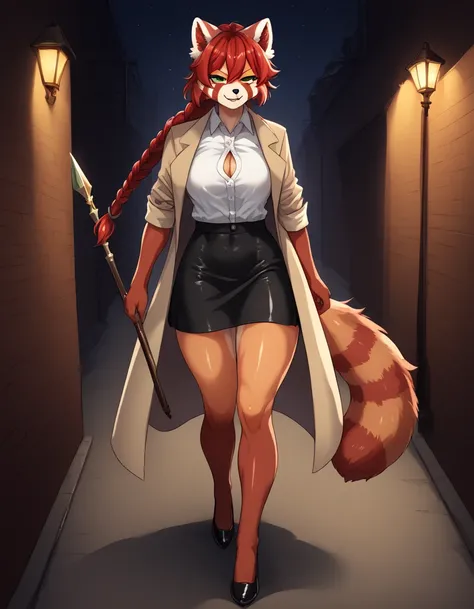 Solo, Score_9, score_8_up, score_7_up, kemono style, Kimiko, An Anthro furry red panda girl, red furry body, red panda tail, , black nose, red hair, braided hair, majestic, long legs, athletic arms and legs, green emerald eyes, toned legs, toned thighs, mi...