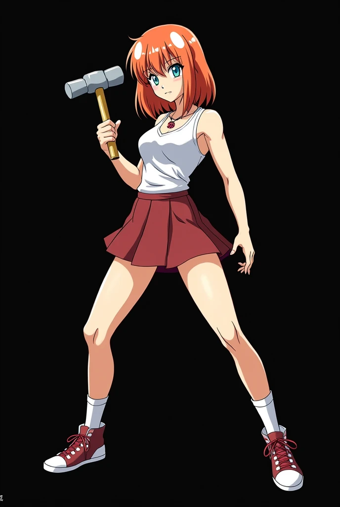 A full body image of an 1 girl named Hana Watanabe, personagem do anime "dragonball z", she is very beautiful, with medium length straight fire-colored hair with two white highlights in the front, framing your face. She has blue-green eyes and pale skin.. ...