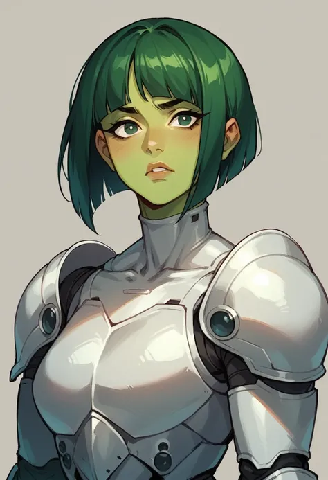 1girl, green skin, dark green hair, seamless bob cut, white cybernetic armor, full armor, black accents, white gloves, comics