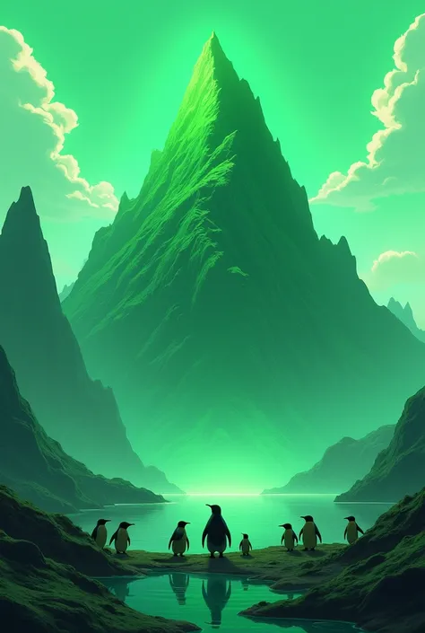 in anime world ABSTRACT(green color) is written on a big mountain for penguins to see all green  like Hollywood  at night 