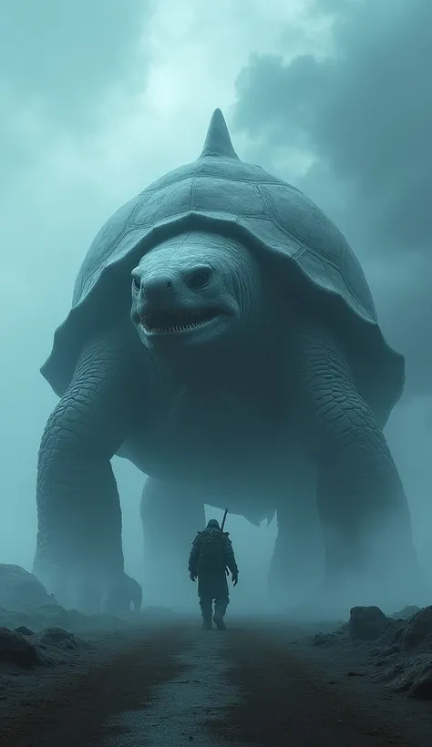 Gigantic mix breed of shark and turtle walking across a plain in the distance amid fog, blue  haze, dark clouds, grimdark ,supense, unearthly, octan render, unreal engine , photorrealistic, hyper realism, highy detailed, high qualiy, intrincately detailed,...