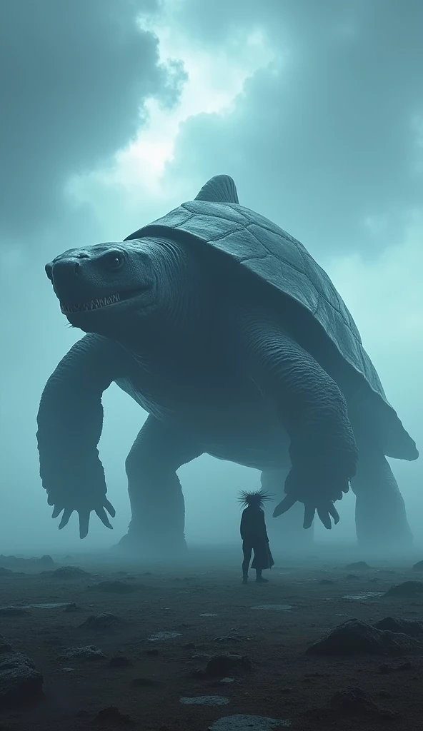 Gigantic mix breed of shark and turtle walking across a plain in the distance amid fog, blue  haze, dark clouds, grimdark ,supense, unearthly, octan render, unreal engine , photorrealistic, hyper realism, highy detailed, high qualiy, intrincately detailed,...