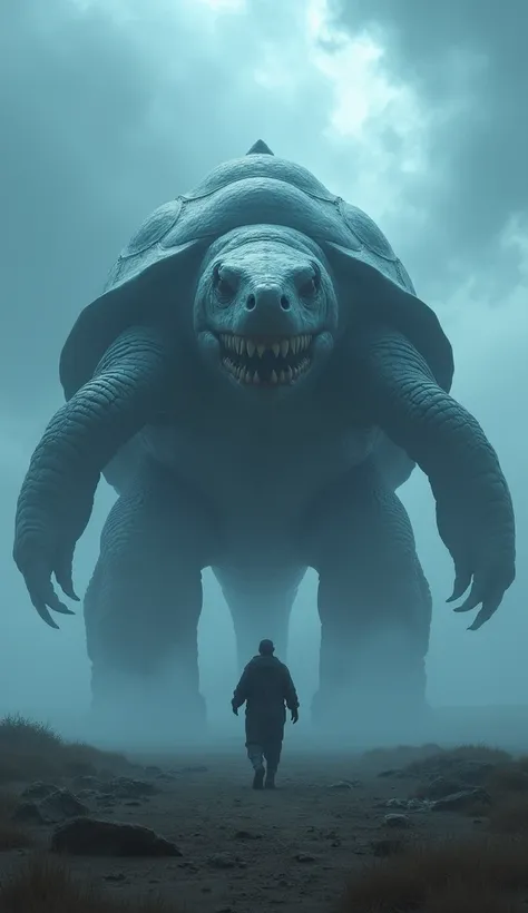 Gigantic mix breed of shark and turtle walking across a plain in the distance amid fog, blue  haze, dark clouds, grimdark ,supense, unearthly, octan render, unreal engine , photorrealistic, hyper realism, highy detailed, high qualiy, intrincately detailed,...