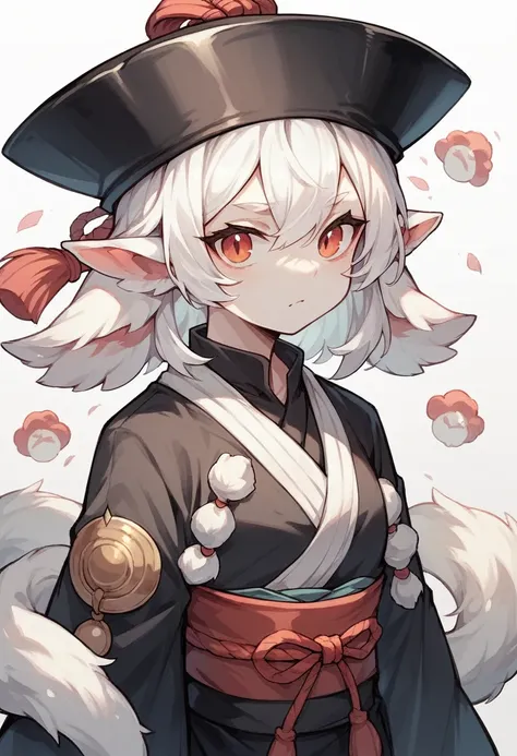 White fur humanoid dragon, white hair black samurai hat