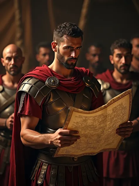 Julius Caesar, standing confidently with a tactical map in hand, ancient Roman era, in Roman general’s armor, inside a military tent, studying the map of Gaul with intense concentration, the dimly lit interior of the tent with other Roman officers in the b...