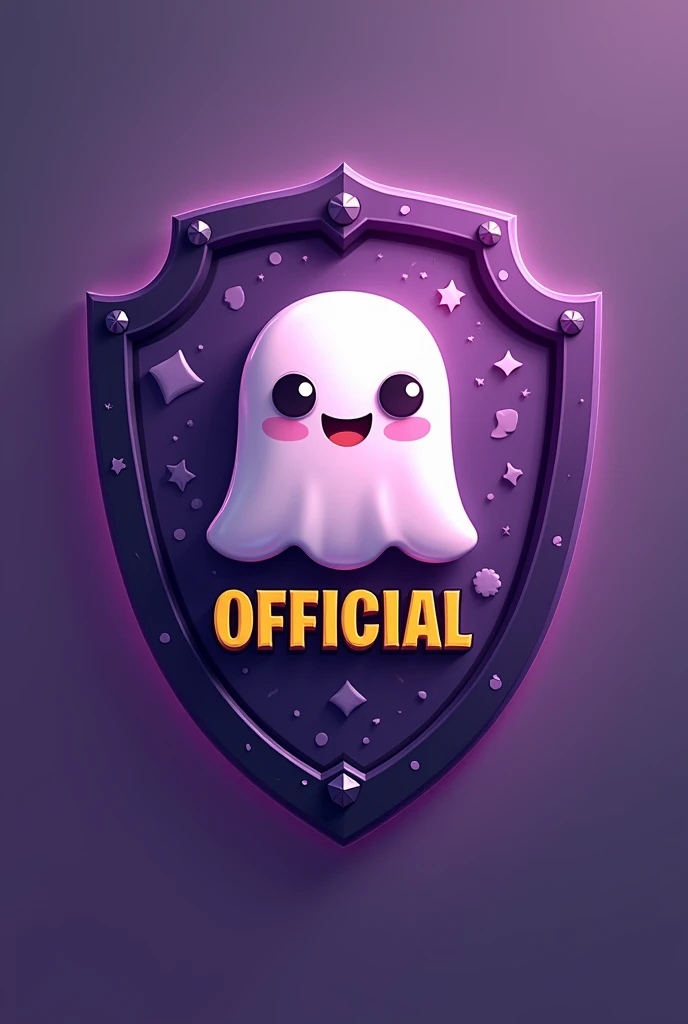 make a gaming MASCOT logo into a shield with purple color and cute ghost logo over it , having "MP OFFICIAL" TEXT WITH YELLOW COLOR ON IT , REALISTIC AND VISIBLE 