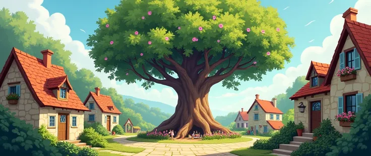 “Illustrate a quaint, small village with a vibrant tree in the center known as the Kindness Tree.