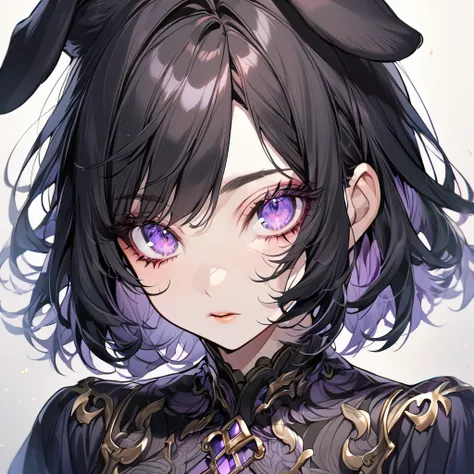 1girl, solo, (dog ears), (dog girl), black hair, (purple eyes), short hair, detailed face, medium breasts, long eyelashes, mature, wispy side bangs