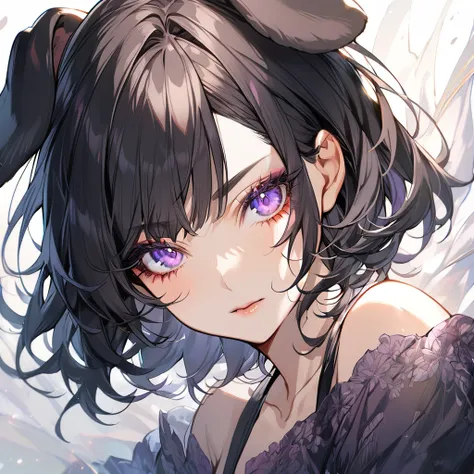 1girl, solo, (dog ears), (dog girl), black hair, (purple eyes), short hair, detailed face, medium breasts, long eyelashes, mature, wispy side bangs