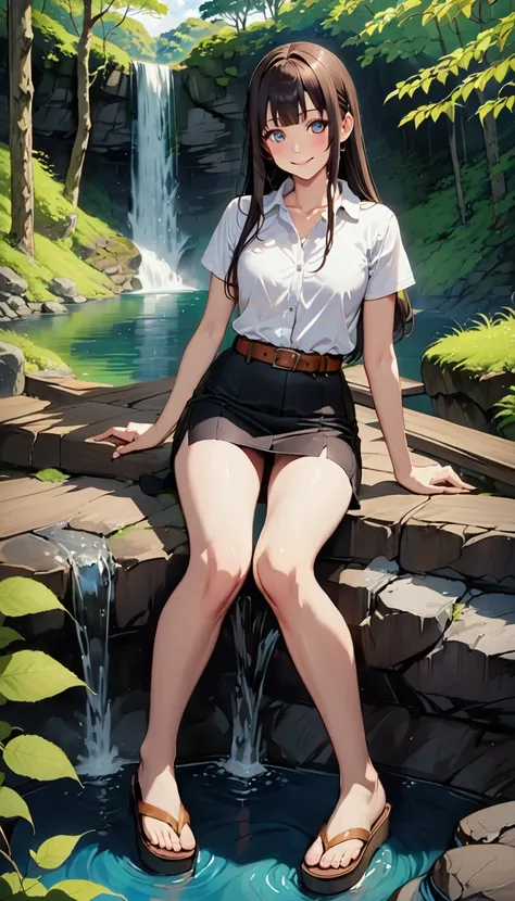 realistic anime illustration of smiling pretty college woman, hoshinoai, at waterfall national park, she has long straight hair (+swept-side bangs), wearing white short sleeve collared unbuttoned top shirt, black pencil skirt with brown belt, (1girl, solo,...