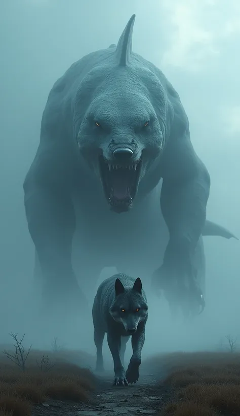 Gigantic mix breed of shark and wolf walking across a plain in the distance amid fog, blue  haze, dark clouds, grimdark ,supense, unearthly, octan render, unreal engine , photorrealistic, hyper realism, highy detailed, high qualiy, intrincately detailed,Vo...