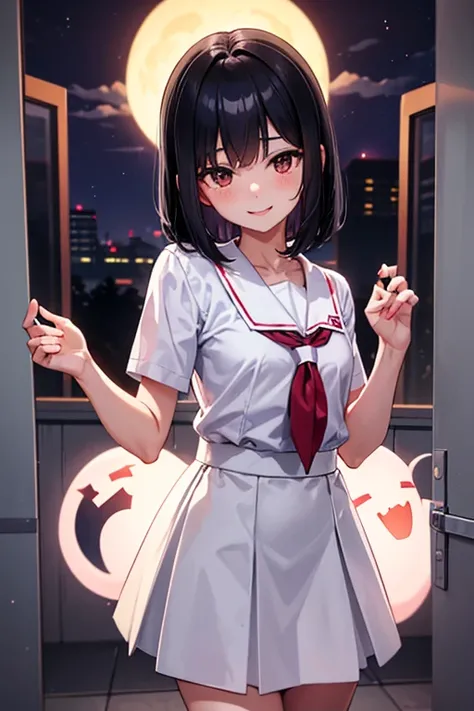 Young, Elementary school student, Black hair, Bob hair, Flat chest, White blouse, Red skirt, School toilet, Hanako, Smile, Night, Fun, Cheerful, Ghost