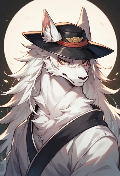 White fur dragon, white hair black samurai hat