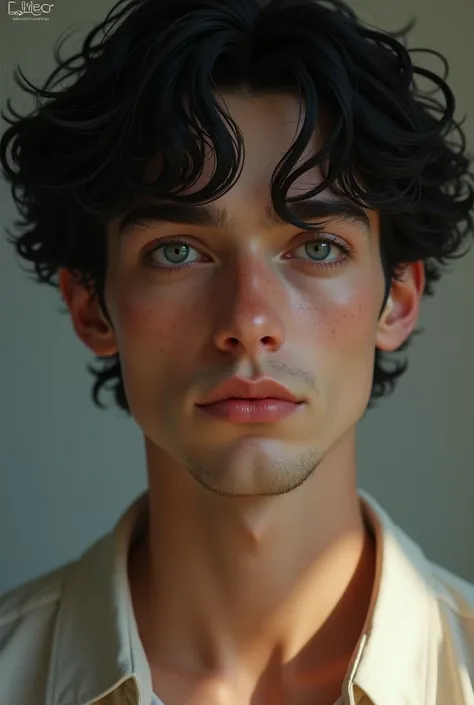 Handsome man with curly black hair, sleepy blue eyes, freckles, fair skin and a long nose