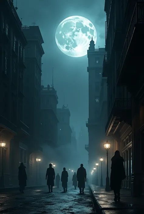 Dark city with moonlight shining
