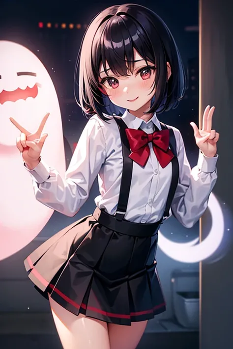 Young, elementary school student, black hair, bob hair, flat chest, white blouse, red suspender skirt, school toilet, Hanako, smile, night, fun, lively, ghost