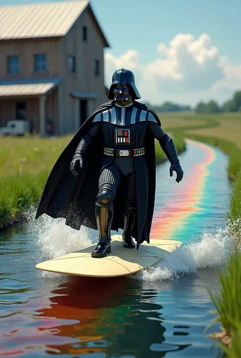 Darth Vader surfing on an envelope on a rainbow flowing river with a barn as the background and grass to the side