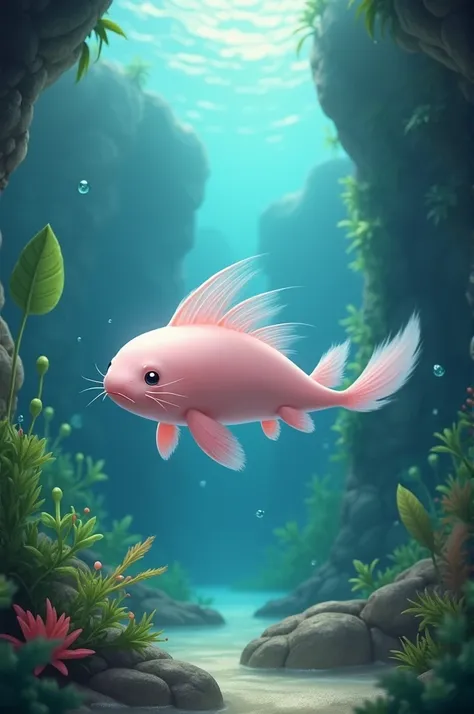 Picture of a pale pink axolotl with protruding gills on its head, swimming in clear waters with a backdrop of underwater caves and green aquatic plants