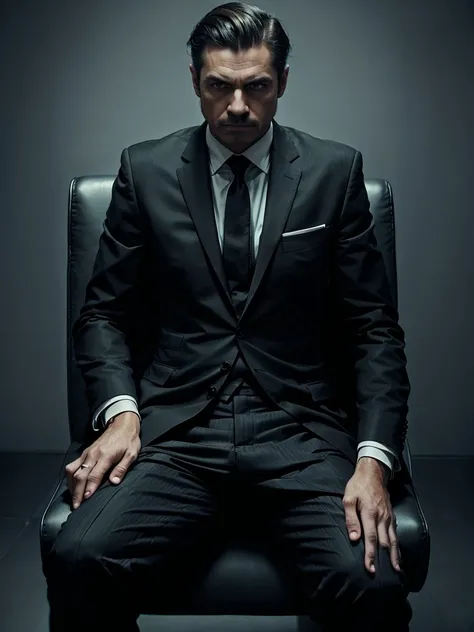 A man in black suit sitting, best quality, maximum resolution