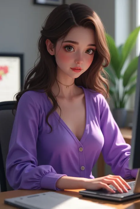 White skin colored girl, Brown hair,  purple blouse and pants , with a computer working