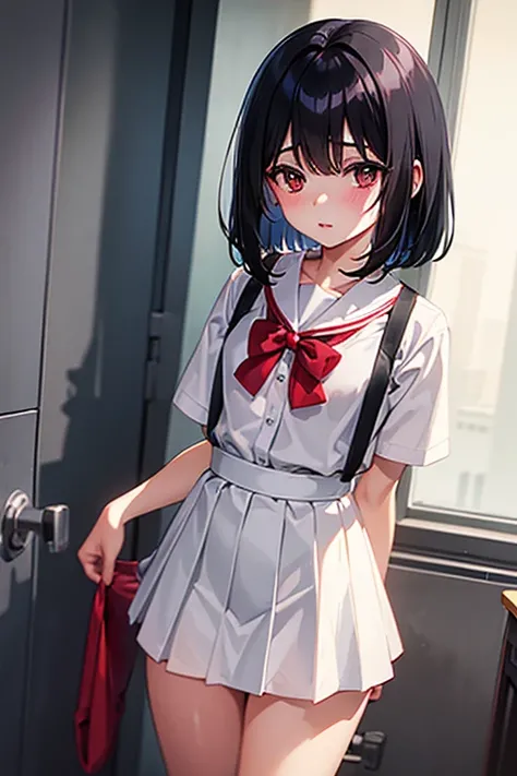 Young, elementary school student, black hair, bob hair, white blouse, red suspender skirt, school toilet, Hanako, late night, ghost story