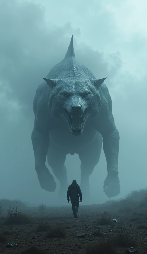 Gigantic mix breed of shark and wolf walking across a plain in the distance amid fog, blue  haze, dark clouds, grimdark ,supense, unearthly, octan render, unreal engine , photorrealistic, hyper realism, highy detailed, high qualiy, intrincately detailed,Vo...