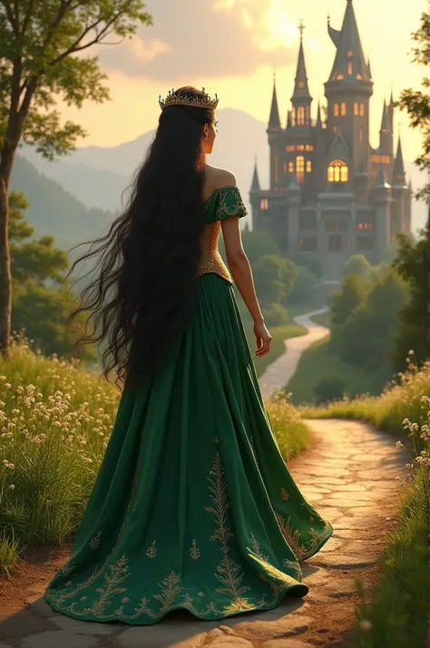 Princess with long dark hair in green and gold dress from back walking towards castle 