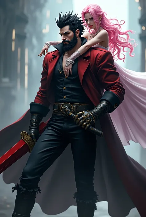 2 persons, Mihawk Dulacre with black hedgehog hairstyle and edged beard carrying pink haired Perona on his shoulder