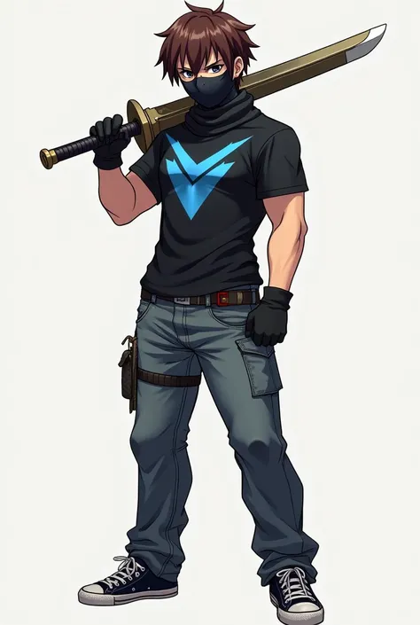 -Anime character -Brown hair -Good physique -Edge safety glasses -Dakura on the head -Jeans -Converse tennis shoes -Black t-shirt with blue in the center -Carrying a sword on the back -With a balaclava on the face