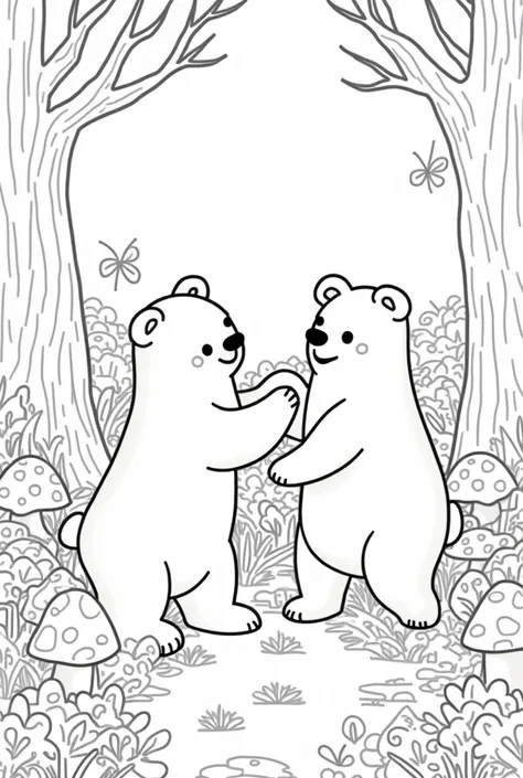 Design style drawing. "Bobbie&#39;s Products", White baby bears playing in a forest, drawing style well-defined black lines, well defined faces, coloring book style, no background color, suitable for coloring. without people.