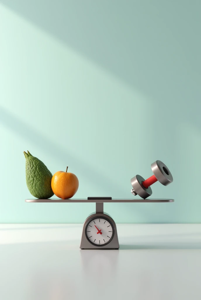 create a scale weighing a healthy food on one side and a gym weight on the other side 