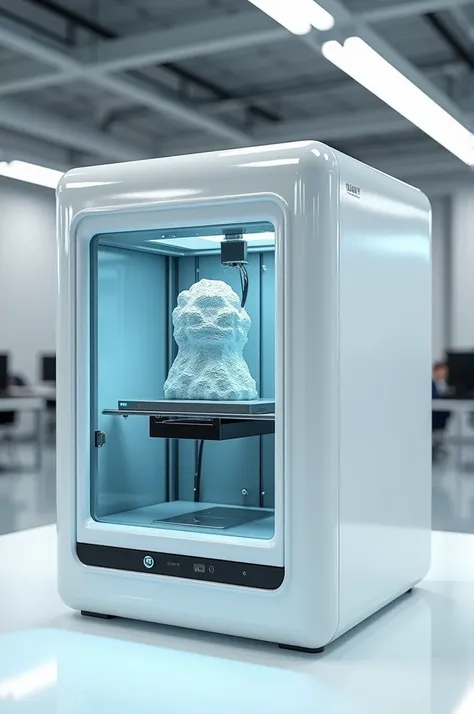 3D printer in a white case with a glass door