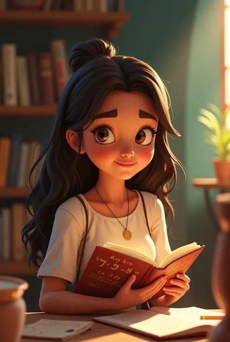 Movie Listings.
Movie called mirian Pixar style Character: women, 30 years, brown slanted eyes , Brown hair,  Round face, Dark skin,Bolivian features.
With a book of mathematical analysis.

