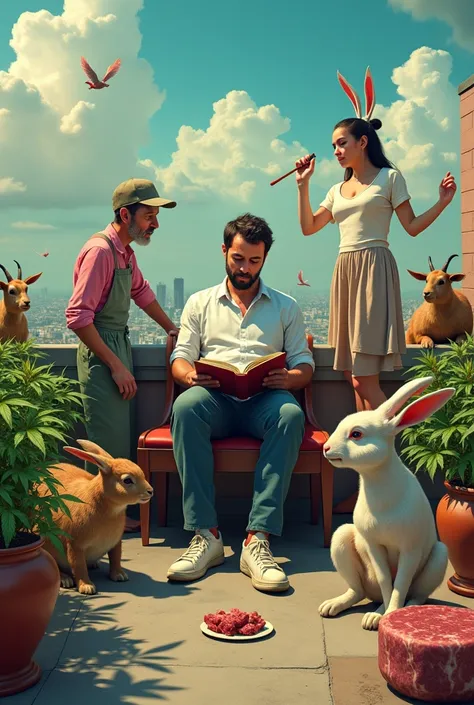 A man reading a book at rooftop with weed and some ciggerate also he has a two rabit beside the weed and he has two goat seating on the reeling and one old man cutting beef and one man is cooking that piece of beef and one girls dancing infront of them and...