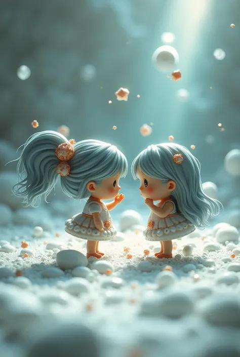 Images captured under an electron microscope show chibi girl characters trying to convey something, round cropped image, conceptual installation art, (ultra detailed, absolutely resolution, best quality:1.3), 2.5D, delicate and dynamic effects, artistic, h...