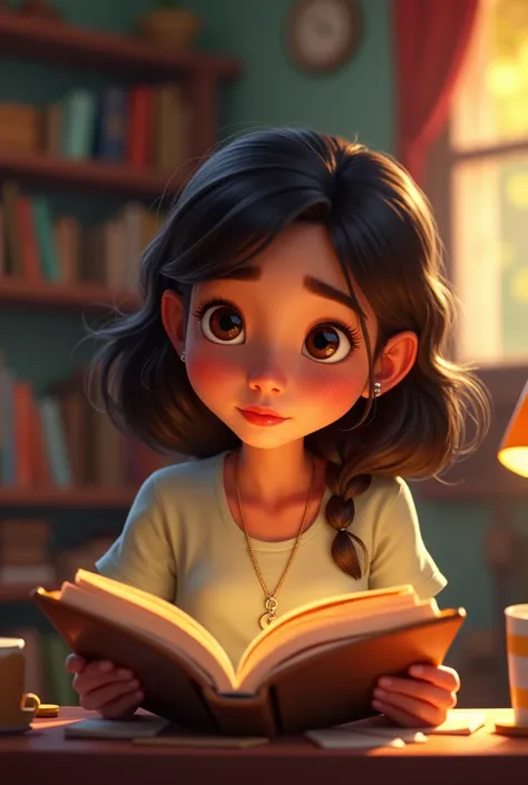 Movie Listings.
Movie called mirian Pixar style Character: women, 30 years, brown slanted eyes , Brown hair,  Round face, Dark skin,Bolivian features.
With a book of mathematical analysis.

