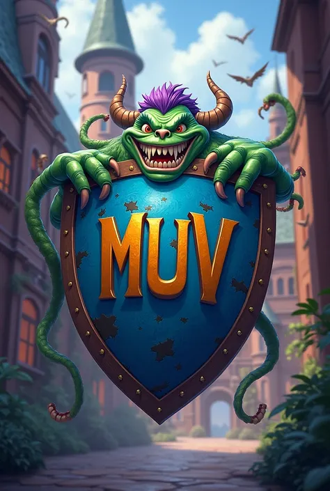 Shield with the letters MUV in the style of Monster University