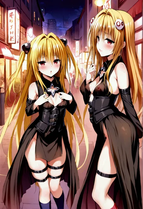 NSFW,masterpiece,Highest quality,High resolution,Very detailed,Golden Darkness(To Love-Ru),Blonde,Red eyes,long hair,Two Side Up,Small breasts,Black Dress,Sleeveless,Removable sleeves,belt,Cleavage cutout,Cutouts for clothes,Thigh straps,Knee socks,hair or...