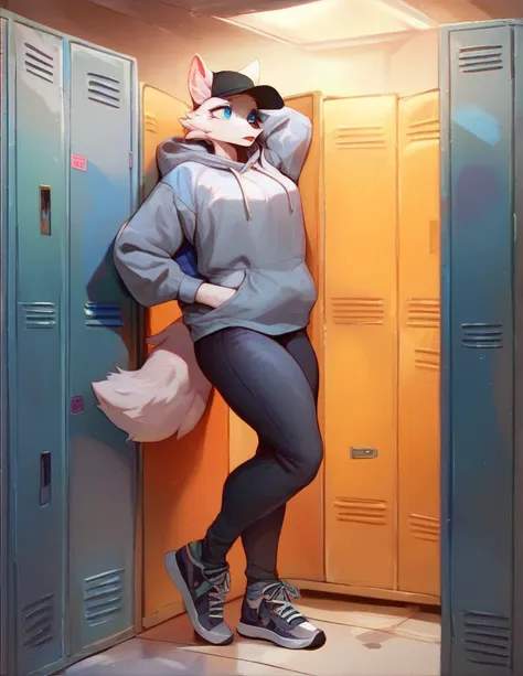 anthropomorphic albino wolf, feminine, blue eyes, wearing a slightly gray sweatshirt, a black cap under the hood, gray wide pant...