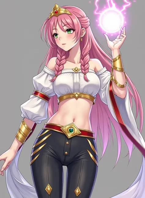 Create a beautiful smiling young woman, Imperial Sorceress, She is  and has fair skin., eyes the color of the crystal clear ocean, her long pink hair with two braids in the front and the rest loose in the back, She has short, uneven bangs that cover the ey...