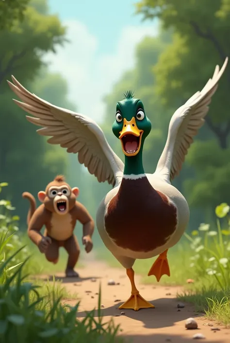 duck and monkey, macaco correndo atrás de um desperate duck, mallard duck, green neck duck, monkey chasing a duck, monkey wanting to catch a duck, scared duck. scared duck, very afraid, duck calling for help, scared. desperate duck. 