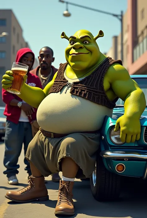 Shrek wearing a Detroit lions football jersey, while holding a beer and smoking a cigar. Leaned up on a 1960 Ford Mustang talking to Tupac and Biggie Smalls in the streets of Compton